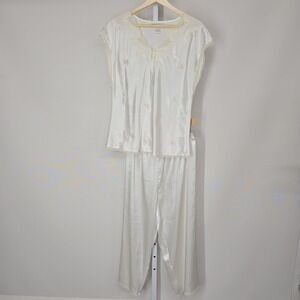 Morgan Taylor Intimates Ivory Satin Pajama Set Lace Trim Floral Embroidered L